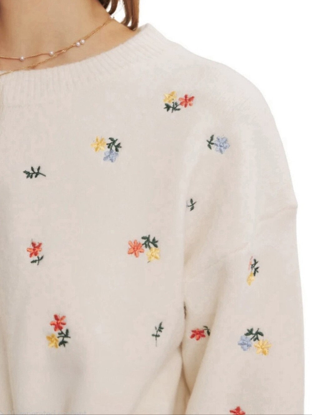 BloomChic Cream Crewneck Sweater with Tiny Multicolor Floral Embroidery